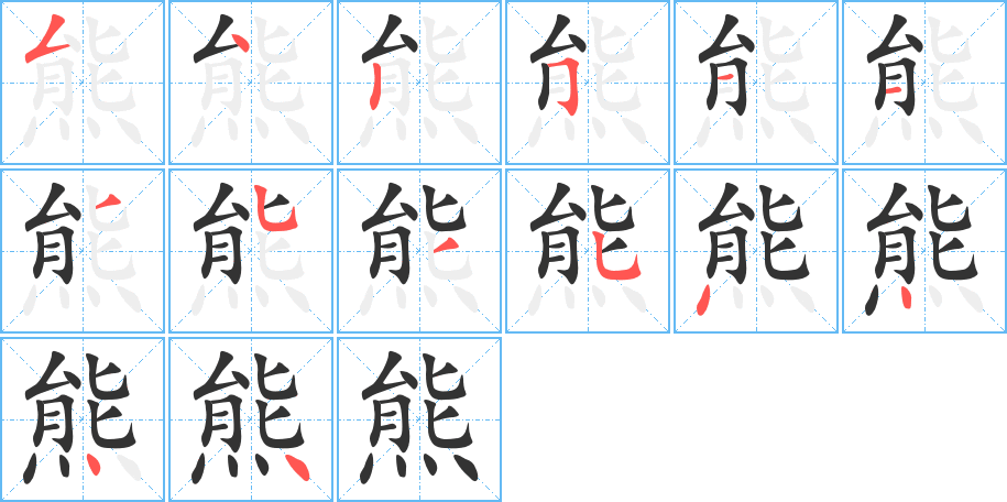 熊字的筆順?lè)植窖菔?></p>
<h2>熊的釋義：</h2>
熊<br />xióng<br />哺乳動(dòng)物，體大，尾短，四肢短而粗，腳掌大，能直立行走，也能攀樹(shù)，種類(lèi)很多，有“棕熊”、“白熊”、“黑熊”等：狗熊（即“黑熊”）。熊掌。熊白（熊背上的脂肪，白色，珍貴食品）。熊膽（熊的膽，可入藥）。熊包（喻無(wú)能的人，廢物）。<br />方言，指斥責(zé)：挨了一頓熊。<br />姓。<br />筆畫(huà)數(shù)：14；<br />部首：灬；<br />筆順編號(hào)：54251135354444<br />
<p>上一個(gè)：<a href='bs11209.html'>熏的筆順</a></p>
<p>下一個(gè)：<a href='bs11206.html'>熙的筆順</a></p>
<h3>相關(guān)筆畫(huà)筆順</h3>
<p class=