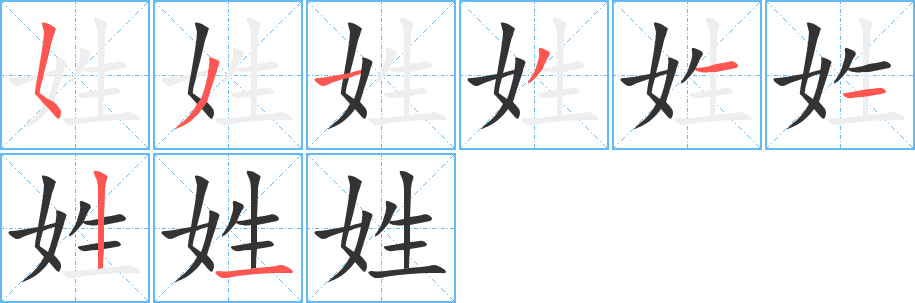 姓字的筆順?lè)植窖菔?></p>
<h2>姓的釋義：</h2>
姓<br />xìng<br />表明家族的字：姓氏。姓名。貴姓（詢問(wèn)對(duì)方姓氏的敬辭）。<br />平民：萬(wàn)姓。老百姓。<br />筆畫數(shù)：8；<br />部首：女；<br />筆順編號(hào)：53131121<br />
<p>上一個(gè)：<a href='bs1779.html'>姁的筆順</a></p>
<p>下一個(gè)：<a href='bs1777.html'>委的筆順</a></p>
<h3>相關(guān)筆畫筆順</h3>
<p class=