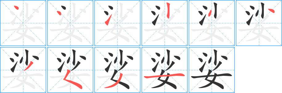 娑字的筆順分步演示