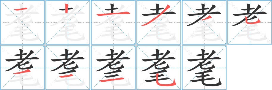 耄字的筆順?lè)植窖菔?></p>
<h2>耄的釋義：</h2>
耄<br />mào<br />年老，八九十歲的年紀(jì)：老耄。耄耋之年。<br />昏亂。<br />筆畫數(shù)：10；<br />部首：耂；<br />筆順編號(hào)：1213353115<br />
<p>上一個(gè)：<a href='bs7846.html'>耆的筆順</a></p>
<p>下一個(gè)：<a href='bs7844.html'>筧的筆順</a></p>
<h3>相關(guān)筆畫筆順</h3>
<p class=