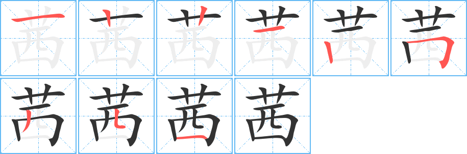 茜字的筆順分步演示