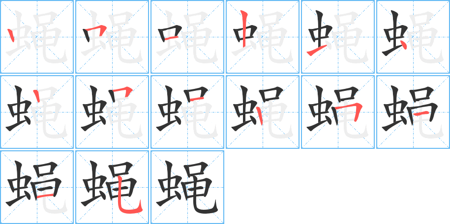 蠅字的筆順?lè)植窖菔?></p>
<h2>蠅的釋義：</h2>
蠅<br />（蠅）<br />yíng<br />〔蒼蠅〕昆蟲(chóng)，種類很多，通常指家蠅，產(chǎn)卵在骯臟腐臭的東西上，幼蟲(chóng)稱“<br />（蠅）蛆”。成蟲(chóng)能傳染霍亂、傷寒等疾病。<br />筆畫(huà)數(shù)：14；<br />部首：蟲(chóng)；<br />筆順編號(hào)：25121425125115<br />
<p>上一個(gè)：<a href='bs11670.html'>蜮的筆順</a></p>
<p>下一個(gè)：<a href='bs11668.html'>蜴的筆順</a></p>
<h3>相關(guān)筆畫(huà)筆順</h3>
<p class=