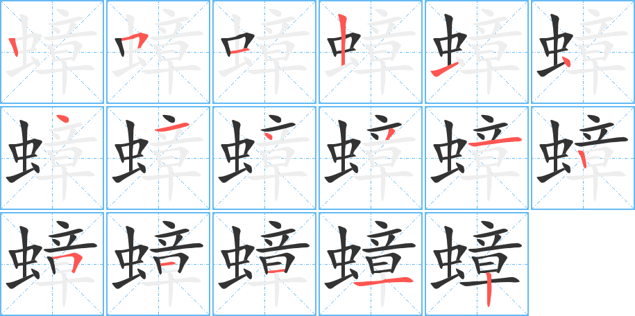 蟑字的筆順?lè)植窖菔?></p>
<h2>蟑的釋義：</h2>
蟑<br />zhāng<br />〔蟑螂〕昆蟲(chóng)，體扁平，黑褐色，有光澤，能發(fā)臭氣，常在夜里偷吃食物，咬壞衣物，傳染疾病。亦稱“蜚（<br />f噄 ）蠊”。<br />筆畫(huà)數(shù)：17；<br />部首：蟲(chóng)；<br />筆順編號(hào)：25121441431251112<br />
<p>上一個(gè)：<a href='bs17229.html'>螽的筆順</a></p>
<p>下一個(gè)：<a href='bs17227.html'>蟏的筆順</a></p>
<h3>相關(guān)筆畫(huà)筆順</h3>
<p class=