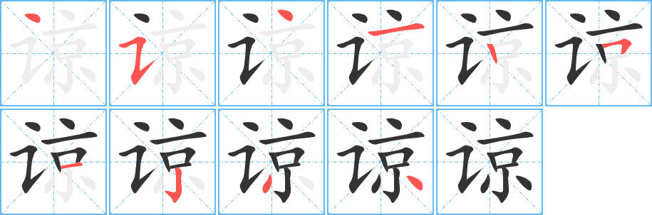 諒字的筆順?lè)植窖菔?></p>
<h2>諒的釋義：</h2>
諒<br />（諒）<br />liàng<br />寬恕：諒解（jiě）。諒察。體諒。見(jiàn)諒。原諒。<br />信實(shí)：諒直（誠(chéng)信正直）。<br />推想：諒必。諒已上車。<br />固執(zhí)，堅(jiān)持成見(jiàn)。<br />筆畫(huà)數(shù)：10；<br />部首：讠；<br />筆順編號(hào)：4541251234<br />
<p>上一個(gè)：<a href='bs7149.html'>諾的筆順</a></p>
<p>下一個(gè)：<a href='bs7147.html'>課的筆順</a></p>
<h3>相關(guān)筆畫(huà)筆順</h3>
<p class=