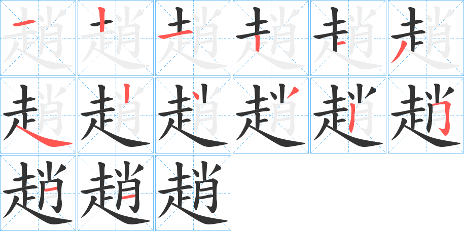 趙字的筆順?lè)植窖菔?></p>
<h2>趙的釋義：</h2>
趙<br />zhào<br />見(jiàn)“趙”。<br />筆畫(huà)數(shù)：14；<br />部首：走；<br />筆順編號(hào)：12121342432511<br />
<p>上一個(gè)：<a href='bs11955.html'>趕的筆順</a></p>
<p>下一個(gè)：<a href='bs11953.html'>趖的筆順</a></p>
<h3>相關(guān)筆畫(huà)筆順</h3>
<p class=