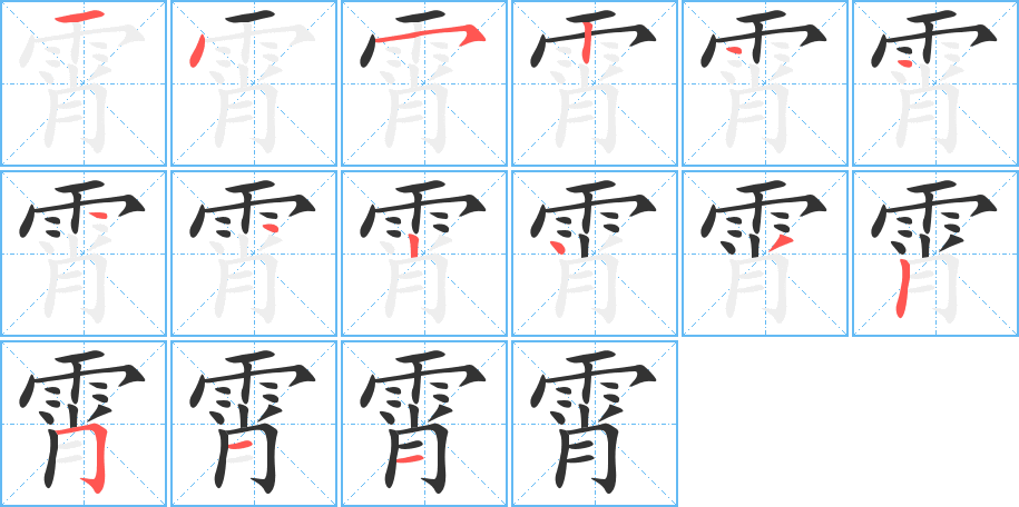 霄字的筆順?lè)植窖菔?></p>
<h2>霄的釋義：</h2>
霄<br />xiāo<br />云：云霄。霄漢（ａ．云霄和天河，指天空：ｂ．古代喻朝廷）。<br />天空：九霄。重（chóng ）霄。霄壤（天和地，喻相去很遠(yuǎn)）。<br />壤<br />筆畫(huà)數(shù)：15；<br />部首：雨；<br />筆順編號(hào)：145244442432511<br />
<p>上一個(gè)：<a href='bs15283.html'>霅的筆順</a></p>
<p>下一個(gè)：<a href='bs15281.html'>霈的筆順</a></p>
<h3>相關(guān)筆畫(huà)筆順</h3>
<p class=