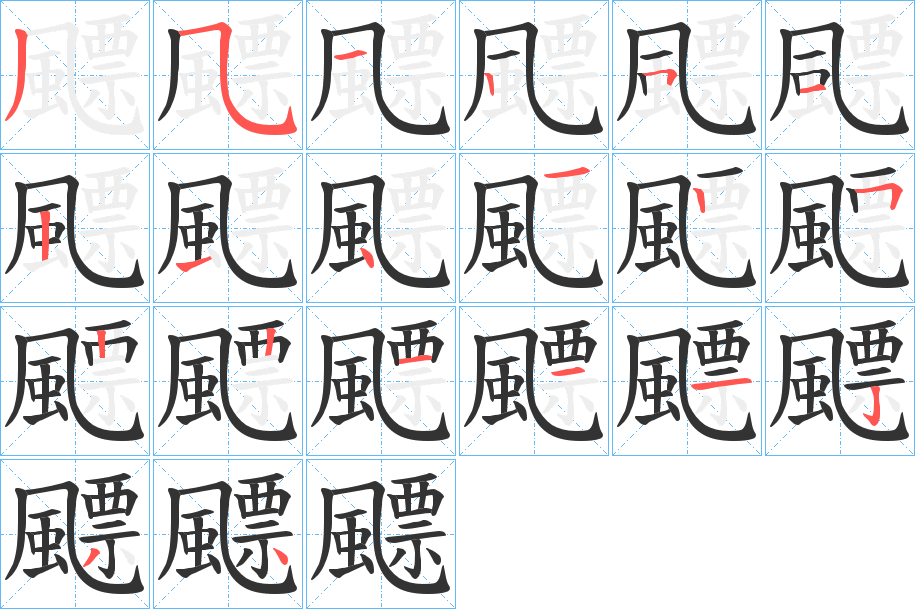 飃字的筆順?lè)植窖菔?></p>
<h2>飃的釋義：</h2>
飃<br />piāo<br />同“飄”。<br />筆畫(huà)數(shù)：20；<br />部首：風(fēng)；<br />筆順編號(hào)：35325121412522111234<br />
<p>上一個(gè)：<a href='bs18106.html'>鞻的筆順</a></p>
<p>下一個(gè)：<a href='bs18104.html'>飁的筆順</a></p>
<h3>相關(guān)筆畫(huà)筆順</h3>
<p class=