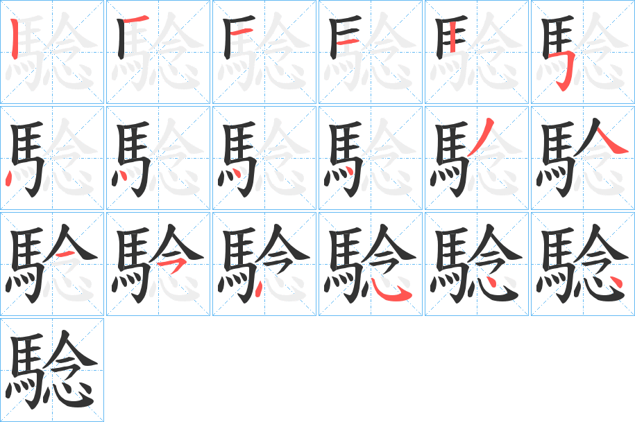 騐字的筆順?lè)植窖菔?></p>
<h2>騐的釋義：</h2>
騐<br />yàn<br />同“驗(yàn)”。<br />筆畫(huà)數(shù)：18；<br />部首：馬；<br />筆順編號(hào)：121125444434454544<br />
<p>上一個(gè)：<a href='bs18920.html'>騅的筆順</a></p>
<p>下一個(gè)：<a href='bs18918.html'>騍的筆順</a></p>
<h3>相關(guān)筆畫(huà)筆順</h3>
<p class=