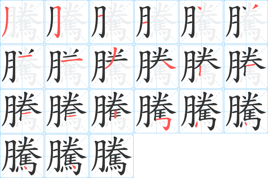 騰字的筆順?lè)植窖菔?></p>
<h2>騰的釋義：</h2>
騰<br />téng<br />見(jiàn)“騰”。<br />筆畫(huà)數(shù)：20；<br />部首：馬；<br />筆順編號(hào)：35114311341211254444<br />
<p>上一個(gè)：<a href='bs18139.html'>騯的筆順</a></p>
<p>下一個(gè)：<a href='bs18137.html'>騸的筆順</a></p>
<h3>相關(guān)筆畫(huà)筆順</h3>
<p class=