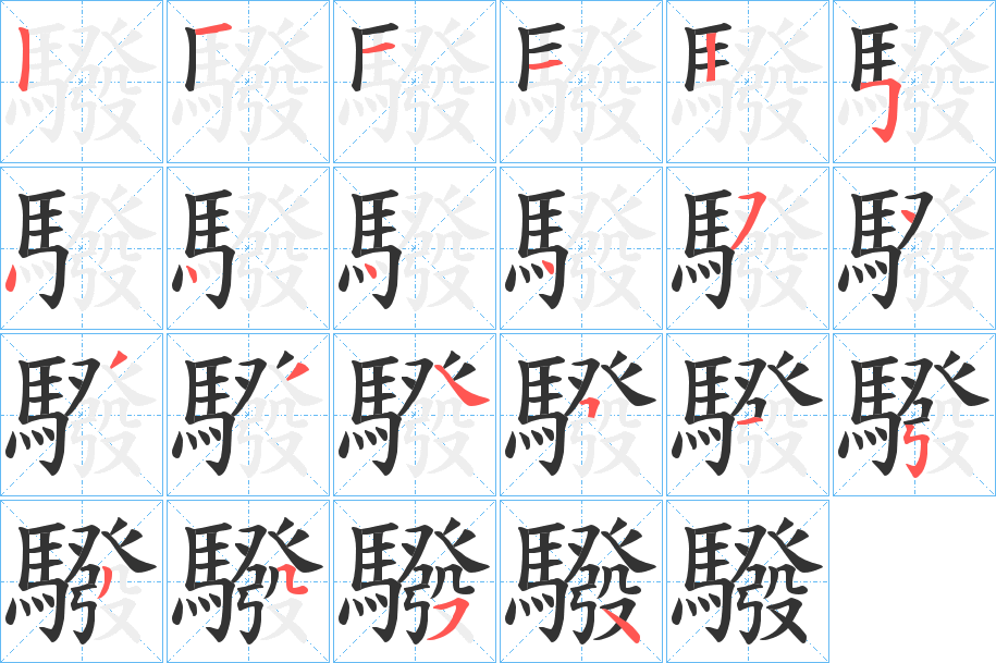 驋字的筆順?lè)植窖菔?></p>
<h2>驋的釋義：</h2>
驋<br />bō<br />馬奔跑。<br />馬怒。<br />馬搖頭。<br />筆畫(huà)數(shù)：22；<br />部首：馬；<br />筆順編號(hào)：1211254444543345153554<br />
<p>上一個(gè)：<a href='bs20448.html'>驓的筆順</a></p>
<p>下一個(gè)：<a href='bs20446.html'>驕的筆順</a></p>
<h3>相關(guān)筆畫(huà)筆順</h3>
<p class=