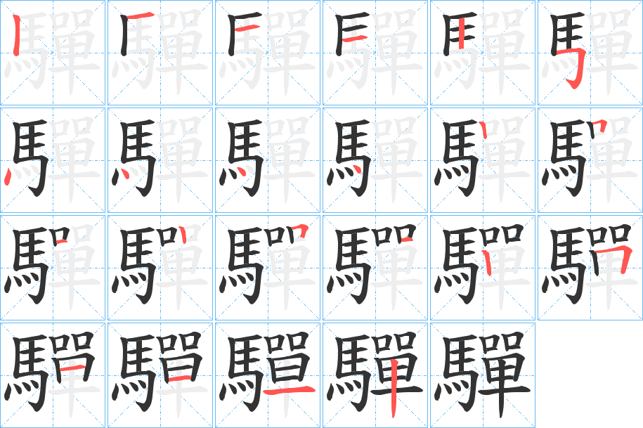 驒字的筆順?lè)植窖菔?></p>
<h2>驒的釋義：</h2>
驒<br />tuó<br />毛色呈鱗狀斑紋的青馬。<br />筆畫(huà)數(shù)：22；<br />部首：馬；<br />筆順編號(hào)：1211254444251251251112<br />
<p>上一個(gè)：<a href='bs20453.html'>驈的筆順</a></p>
<p>下一個(gè)：<a href='bs20451.html'>驑的筆順</a></p>
<h3>相關(guān)筆畫(huà)筆順</h3>
<p class=