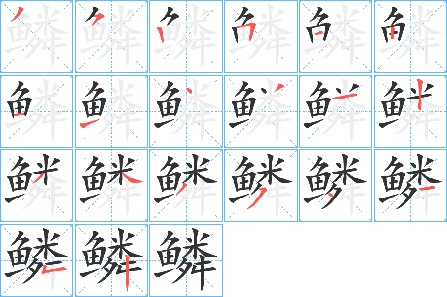 鱗字的筆順?lè)植窖菔?></p>
<h2>鱗的釋義：</h2>
鱗<br />（鱗）<br />lín<br />魚(yú)類(lèi)、爬行動(dòng)物和少數(shù)哺乳動(dòng)物身體表面長(zhǎng)的角質(zhì)或骨質(zhì)小薄片：魚(yú)鱗。鱗片。<br />鱗狀的：鱗爪（zh僶 ）。鱗波。鱗莖。鱗屑。鱗集（群集）。遍體鱗傷。鱗次櫛比。<br />泛指有鱗甲的動(dòng)物：鱗鴻（指“魚(yú)雁”，即書(shū)信）。<br />筆畫(huà)數(shù)：20；<br />部首：魚(yú)；<br />筆順編號(hào)：35251211431234354152<br />
<p>上一個(gè)：<a href='bs18094.html'>鱒的筆順</a></p>
<p>下一個(gè)：<a href='bs18092.html'>鱖的筆順</a></p>
<h3>相關(guān)筆畫(huà)筆順</h3>
<p class=